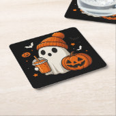 カボチャとドリンクの可愛いハロウィン幽霊 スクエアペーパーコースター (アングル)