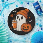 カボチャとドリンクの可愛いハロウィン幽霊 ペーパープレート (パーティー)