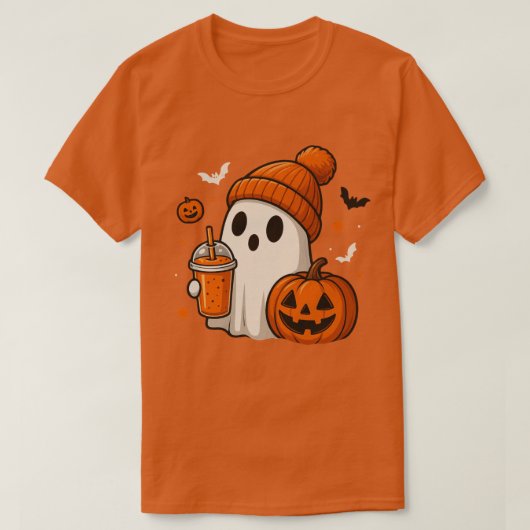 カボチャとドリンクの可愛いハロウィン幽霊 Tシャツ (デザイン正面)