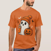 カボチャとドリンクの可愛いハロウィン幽霊 Tシャツ (正面)