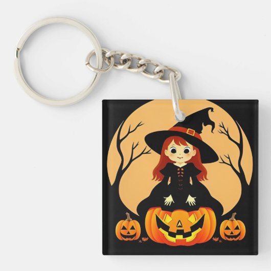 カボチャとハロウィーンの設定の魔女 キーホルダー (正面)