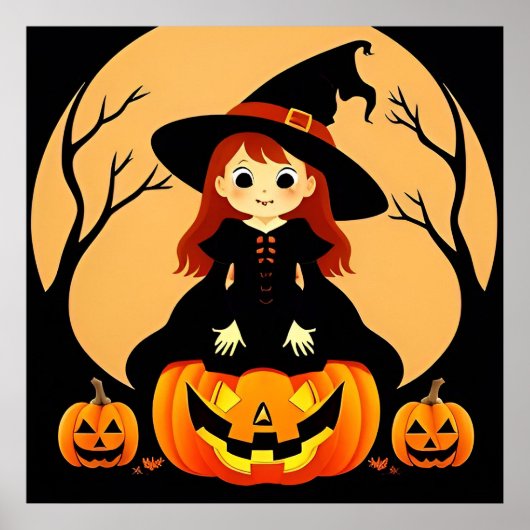 カボチャとハロウィーンの設定の魔女 ポスター (正面)