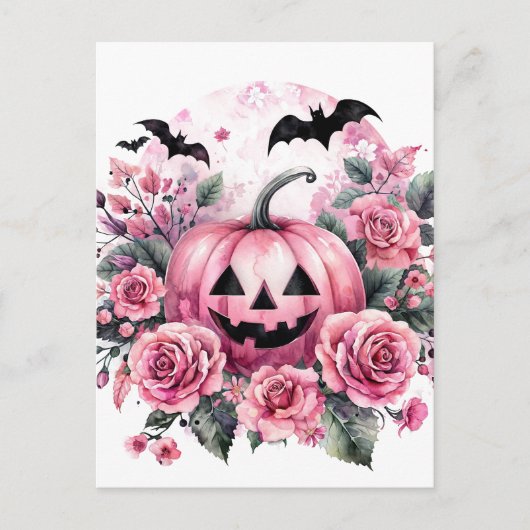カボチャとバラとこうもりのPinkoween ポストカード (正面)