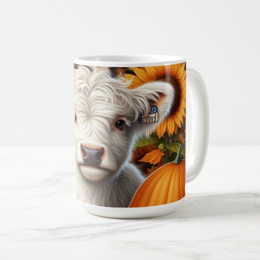 カボチャとヒマワリの白いハイランドカーフ コーヒーマグカップ (正面右)