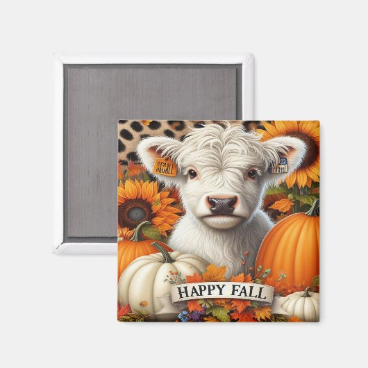 カボチャとヒマワリの白いハイランドカーフ マグネット (正面/裏面)
