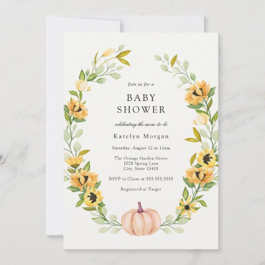 カボチャとヒマワリリースベビーシャワー 招待状 (正面)