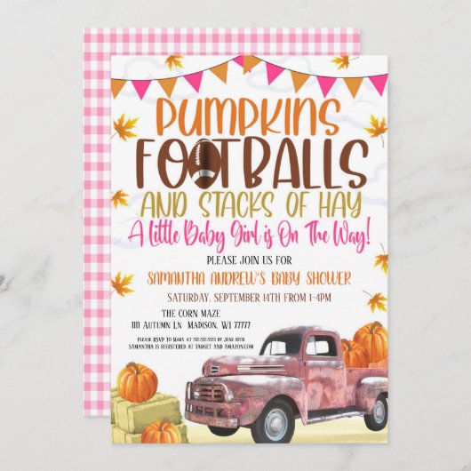 カボチャとフットボールガールベビーシャワー招待状 招待状 (正面/裏面)