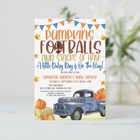カボチャとフットボールボーイベビーシャワー招待状 招待状 (スタンド正面)