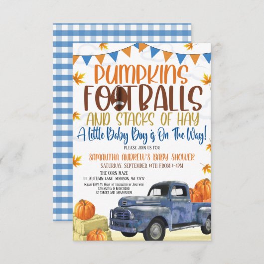 カボチャとフットボールボーイベビーシャワー招待状 招待状 (正面/裏面)