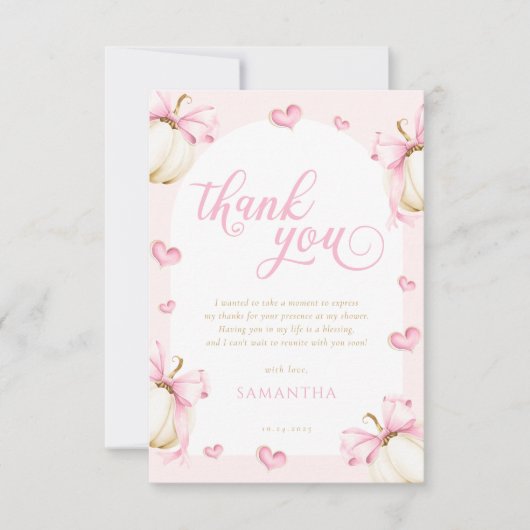 カボチャとボウズ女の子ベビーシャワーサンキューカード サンキューカード (正面)