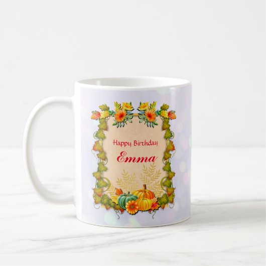 カボチャとメープルの葉と鮮やかな花 コーヒーマグカップ (左)