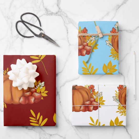 カボチャとリンゴと紅葉。収穫のために ラッピングペーパーシート (正面)