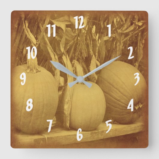 カボチャと乾燥トウモロコシの茎のヴィンテージ スクエア壁時計 (正面)