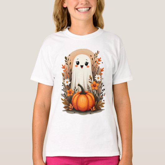 カボチャと可愛い幽霊ハロウィーン秋の贈り物 Tシャツ (正面)