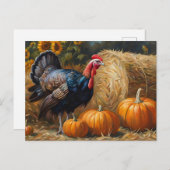 カボチャと干し草の感謝祭を持つカントリートルコ シーズンポストカード (正面/裏面)