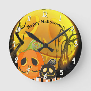 カボチャと月のおしゃれハロウィンオーダーメイドデザイン ラウンド壁時計