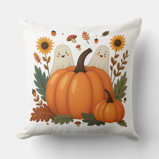 カボチャと秋のレアが登場する可愛いハロウィン幽霊 クッション (正面)
