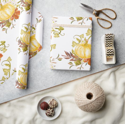 カボチャと紅葉タイル秋シーズン ラッピングペーパー (クラフト)