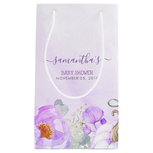 カボチャと紫の花秋赤ちゃんシャワー スモールペーパーバッグ (正面)