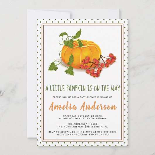 カボチャと緑の水玉模様フレーム赤ちゃんシャワー 招待状 (正面)