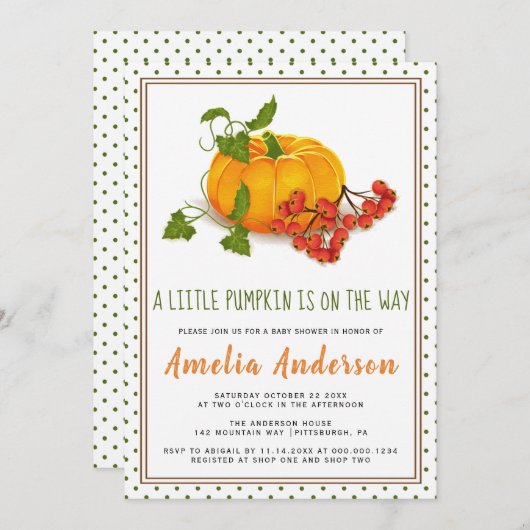 カボチャと緑の水玉模様フレーム赤ちゃんシャワー 招待状 (正面/裏面)