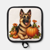 カボチャと花で休むドイツの羊飼い 鍋敷き (正面)