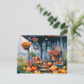 カボチャと花ハロウィーンを持つカントリーハウス シーズンポストカード (スタンド正面)