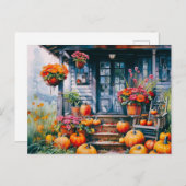 カボチャと花ハロウィーンを持つカントリーハウス シーズンポストカード (正面/裏面)