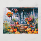 カボチャと花ハロウィーンを持つカントリーハウス シーズンポストカード (正面)