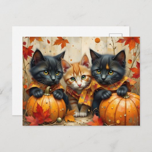 カボチャと葉が秋に子ネコちゃん シーズンポストカード (正面/裏面)