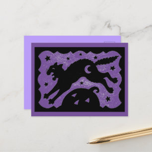 カボチャと黒と紫を跳び越えるハロウィーン猫 シーズンポストカード