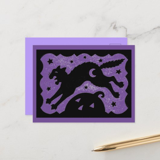 カボチャと黒と紫を跳び越えるハロウィーン猫 シーズンポストカード (正面/裏面インサイチュ)