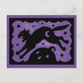 カボチャと黒と紫を跳び越えるハロウィーン猫 シーズンポストカード (正面)