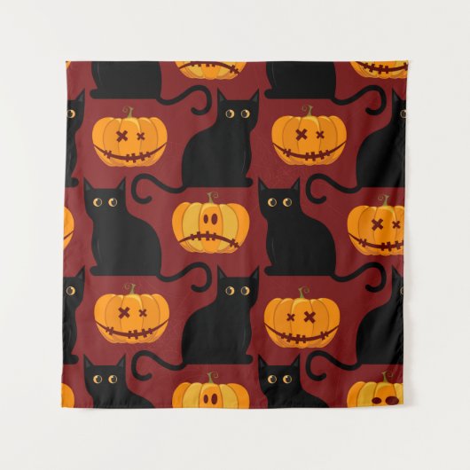 カボチャと黒のハロウィーンの継ぎ目のない模様 タペストリー (正面)