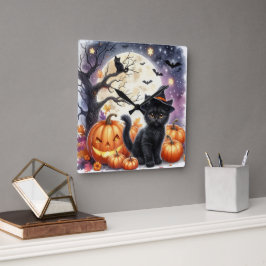 カボチャと黒猫のハロウィーン壁掛け時計 スクエア壁時計