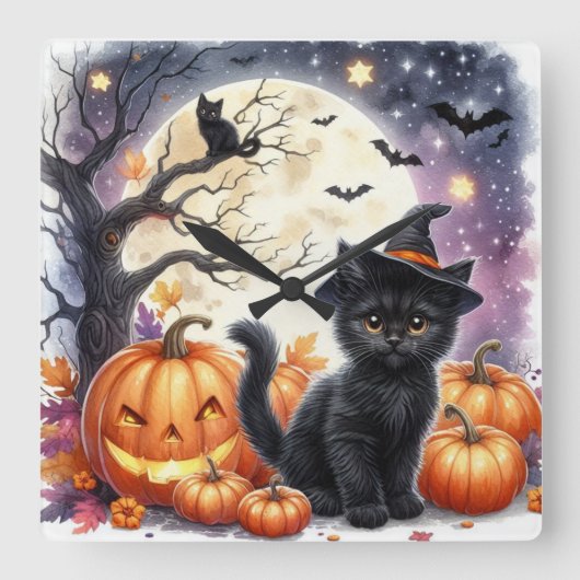 カボチャと黒猫のハロウィーン壁掛け時計 スクエア壁時計 (正面)