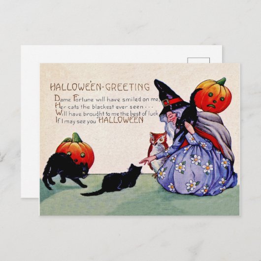 カボチャと黒猫の古い魔女ヴィンテージ ポストカード (正面/裏面)