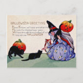 カボチャと黒猫の古い魔女ヴィンテージ ポストカード (正面)
