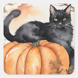 カボチャと黒猫の秋ハロウィンステッカー スクエアシール