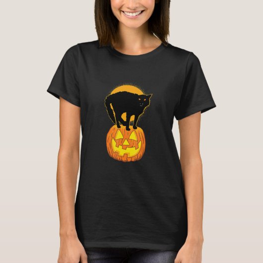 カボチャと黒猫ハロウィーン怖い Tシャツ (正面)