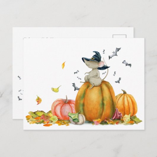 カボチャにかわいい魔女ネズミ ポストカード (正面/裏面)