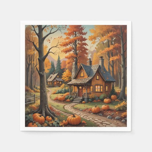 カボチャに囲まれた秋のキャビン スタンダードカクテルナプキン (正面)