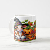 カボチャに囲まれた魔女の帽子の子牛 コーヒーマグカップ (正面左)