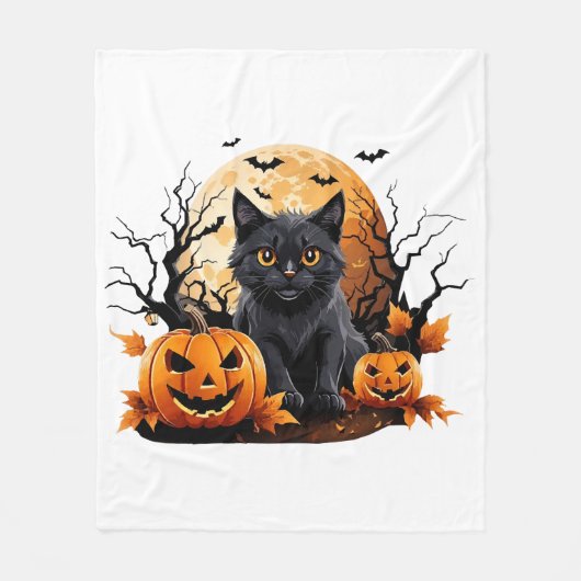 カボチャに囲まれた黒猫 フリースブランケット (正面)