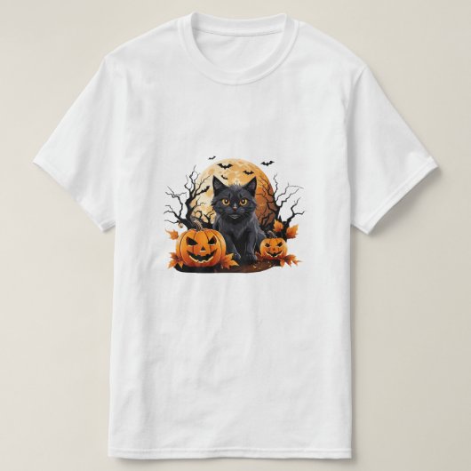 カボチャに囲まれた黒猫 Tシャツ (デザイン正面)