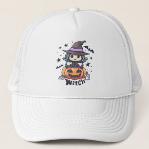 カボチャに座ったかわいいキッドウィッチ – "魔女" キャップ