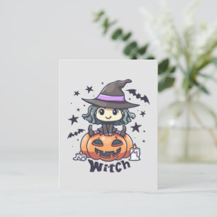 カボチャに座ったかわいいキッドウィッチ – "魔女" ポストカード