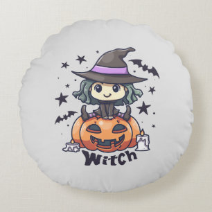 カボチャに座ったかわいいキッドウィッチ – "魔女" ラウンドクッション