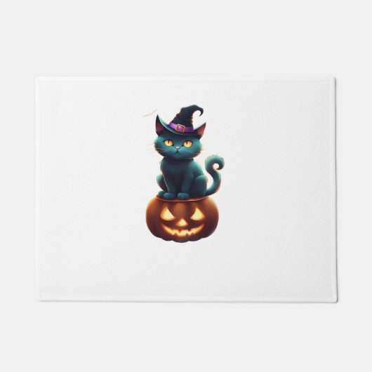 カボチャに座るハロウィーン猫 ドアマット (正面)