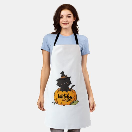 カボチャに魔女帽子をかぶった可愛い黒猫、かわいいs エプロン (着用した状態)